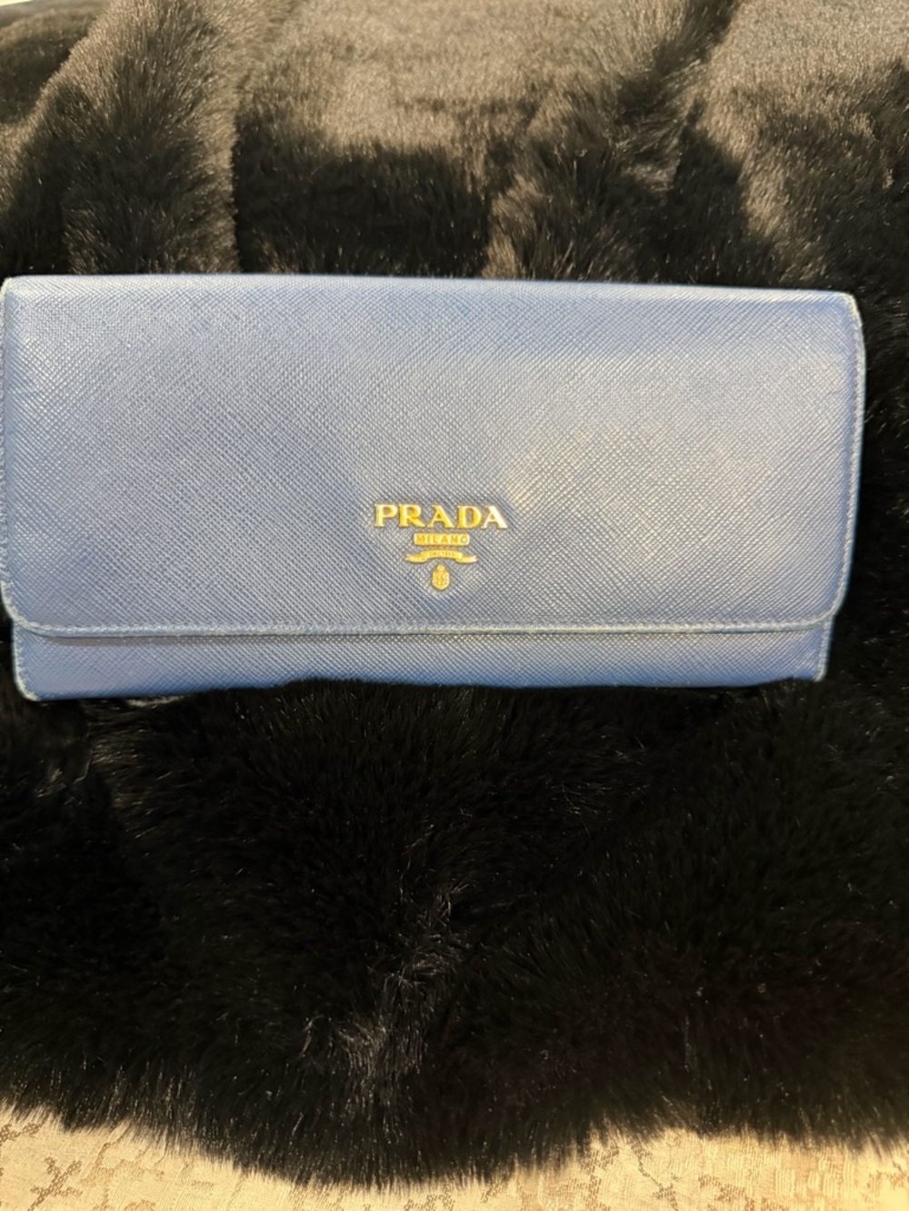 Prada Blue Saffiano Fold Wallet with Gold Logo